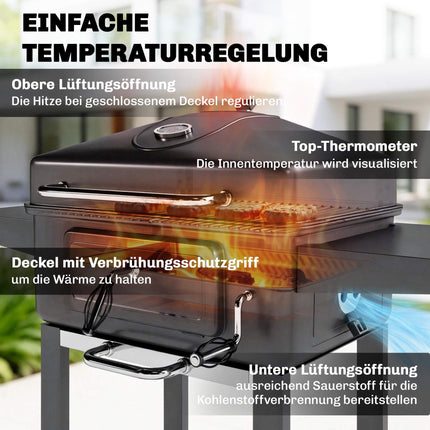 Charcoal BBQ Smoker with Lid Thermometer, Adjustable Grate