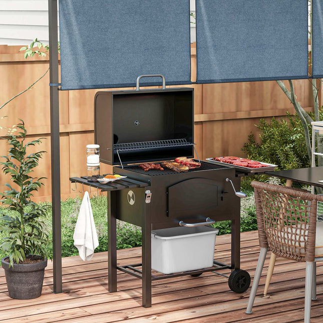 Charcoal grill with smoker, heating rack, wheels