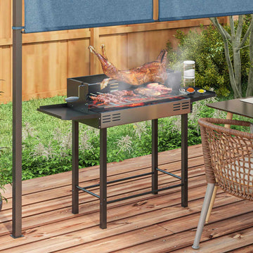 Folding stainless steel charcoal grill with rotisserie kit