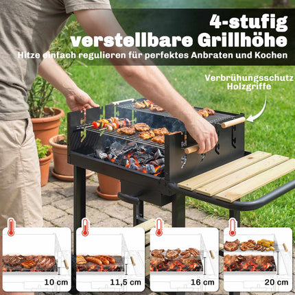 Charcoal Grill Cart with Adjustable Grates, Wood Shelves, Wheels