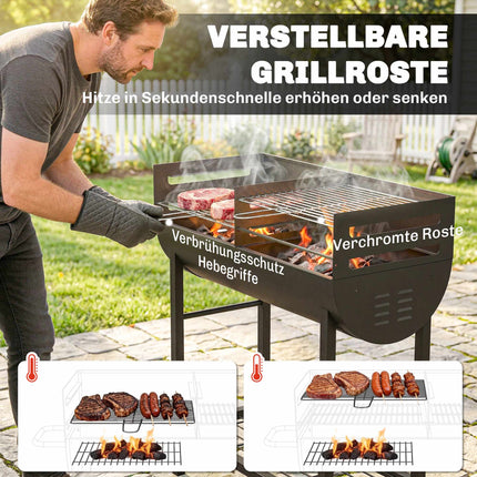 Charcoal Grill Cart with Dual Zones, Adjustable Grates, Wheels