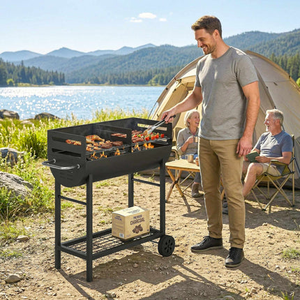 Charcoal Grill Cart with Dual Zones, Adjustable Grates, Wheels