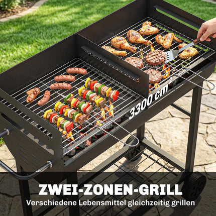 Charcoal Grill Cart with Dual Zones, Adjustable Grates, Wheels
