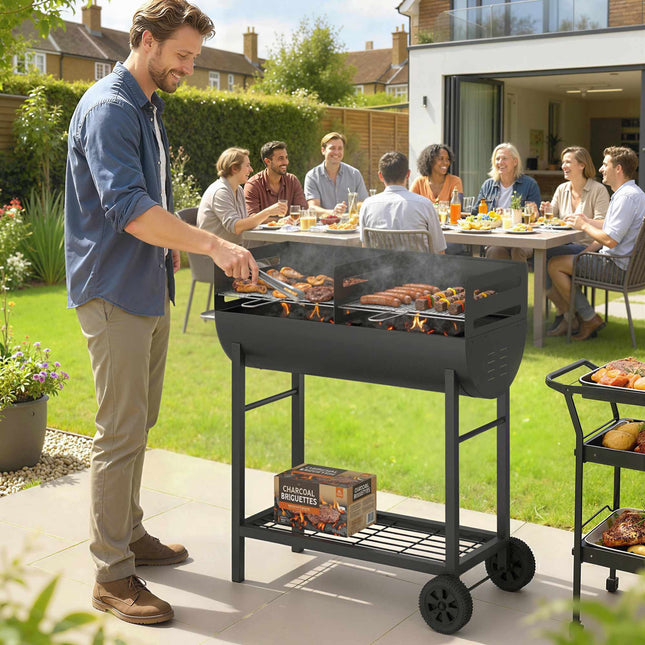 Charcoal Grill Cart with Dual Zones, Adjustable Grates, Wheels