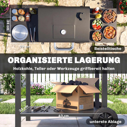 Charcoal Grill Cart with Side Shelves and Thermometer