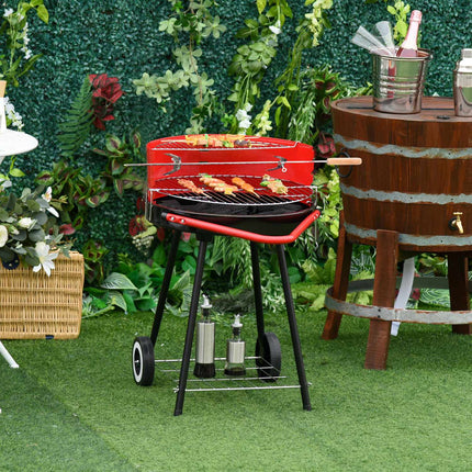 Red metal charcoal grill with wheels, 51x70x75.5cm