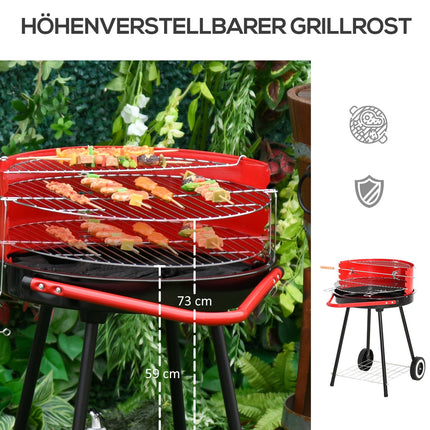 Red metal charcoal grill with wheels, 51x70x75.5cm