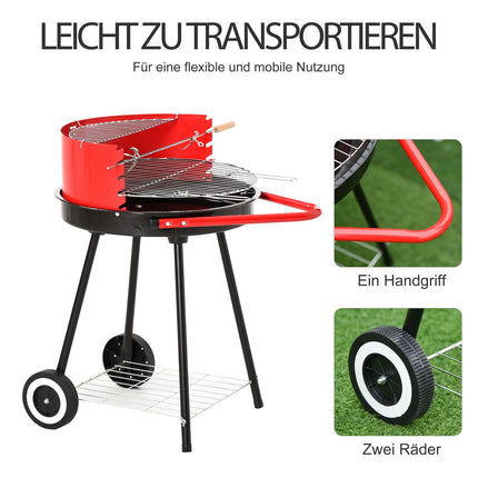 Red metal charcoal grill with wheels, 51x70x75.5cm