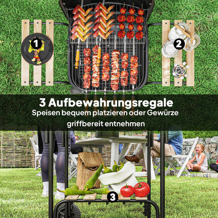 Charcoal Grill with Lockable Lid, Steel Frame, 1840 cm² Cooking Area