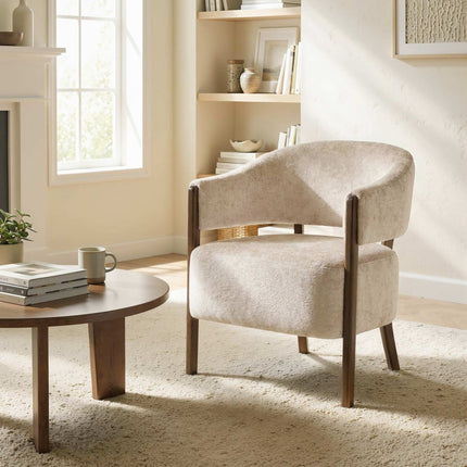 Chenille Armchair with Solid Wood Frame, Beige