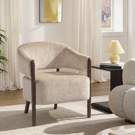 Chenille Armchair with Solid Wood Frame, Beige