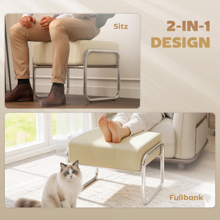 Chenille Footstool, Thick Cushion, Steel Legs, Beige