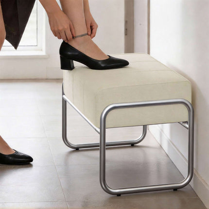 Chenille Footstool, Thick Cushion, Steel Legs, Beige