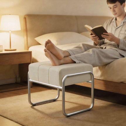 Chenille Footstool, Thick Cushion, Steel Legs, Beige