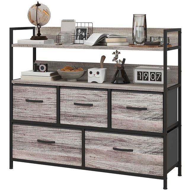 Fabric storage cabinet with 5 drawers and 2 shelves, grey