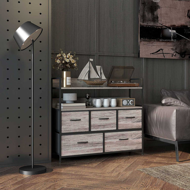 Fabric storage cabinet with 5 drawers and 2 shelves, grey