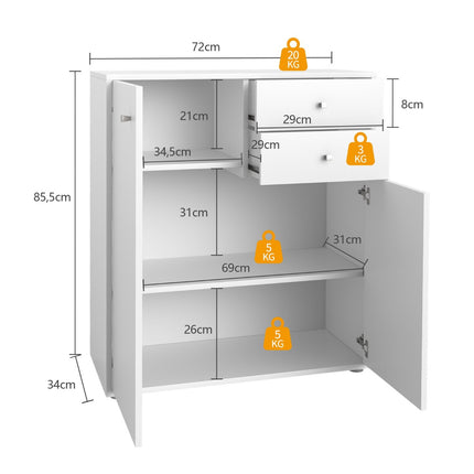 Chest of Drawers, 2 Doors 2 Drawers, 72 x 34 x 85.5 cm