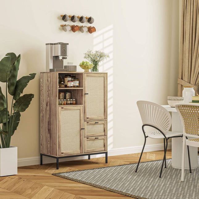 Rattan storage cabinet with drawers and adjustable shelves