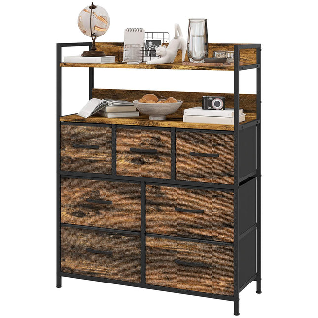 Rustic brown fabric box - 7 drawers, 2 shelves
