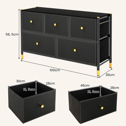 Ladekast voor de slaapkamer met 5 laden brede stoffen ladekast met metalen frame 100 x 30 x 58,5 cm zwart