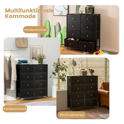Ladekast voor de slaapkamer met 8 laden hoge stoffen ladekast met metalen frame 89 x 30 x 98 cm zwart