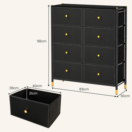 Ladekast voor de slaapkamer met 8 laden hoge stoffen ladekast met metalen frame 89 x 30 x 98 cm zwart
