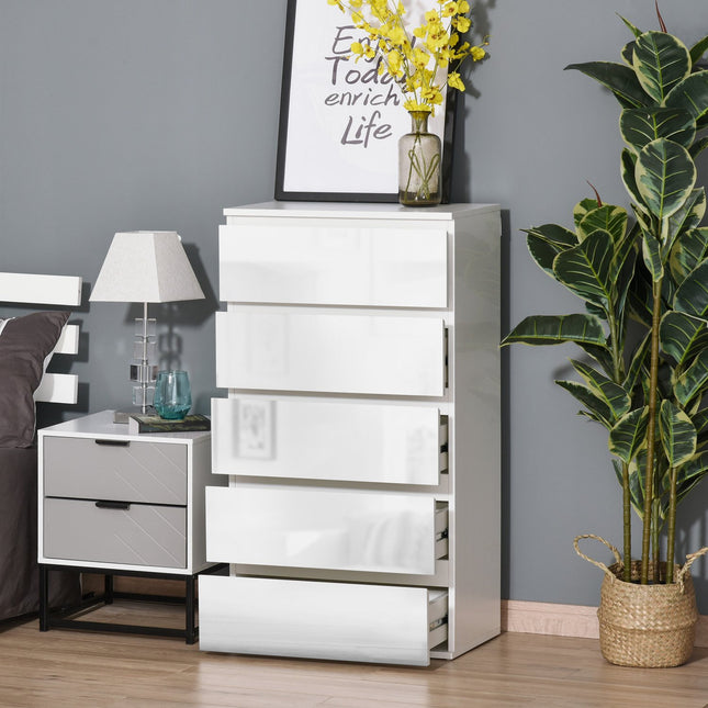 White dresser with 5 anti-tip tabs, 55x34x100 cm
