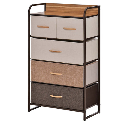 Brown storage cabinet with 5 foldable fabric drawers