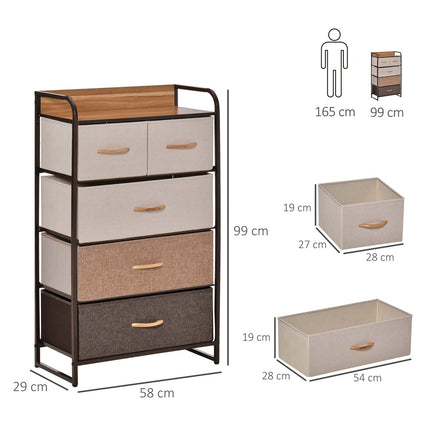 Brown storage cabinet with 5 foldable fabric drawers