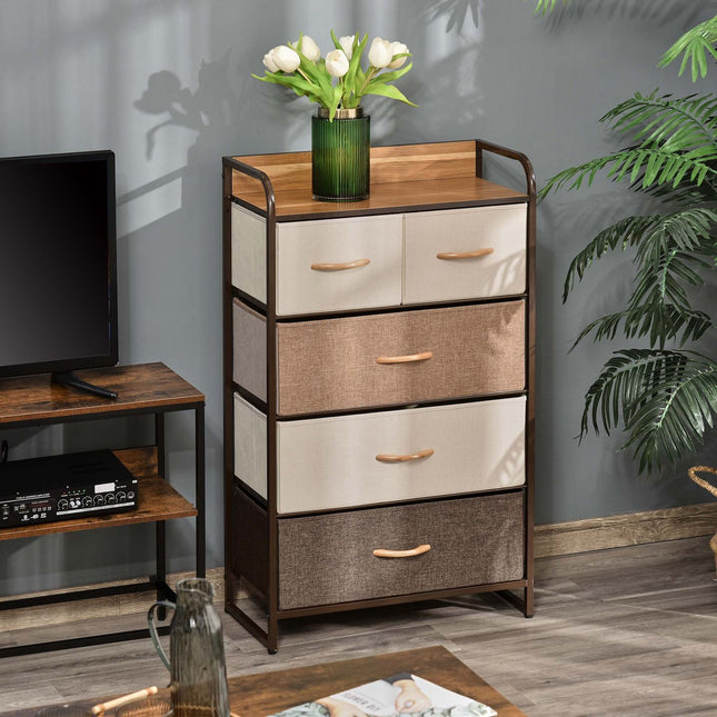 Brown storage cabinet with 5 foldable fabric drawers
