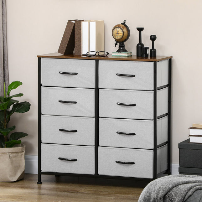 Ladekast dressoir met 8 opklapbare stoffen laden, ladekast met werkblad, handgreep, multifunctionele kast met kantelbeveiliging, voor woonkamer, slaapkamer, grijs