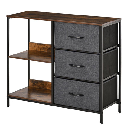 Ladenkast opbergkast met 3 stoffen laden, 2 open planken, ladekast met metalen frame voor slaapkamer, woonkamer bruin Aosoom
