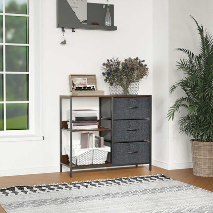 Ladenkast opbergkast met 3 stoffen laden, 2 open planken, ladekast met metalen frame voor slaapkamer, woonkamer bruin Aosoom