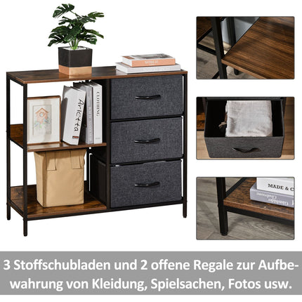 Ladenkast opbergkast met 3 stoffen laden, 2 open planken, ladekast met metalen frame voor slaapkamer, woonkamer bruin Aosoom