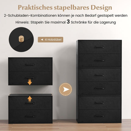Ladekast met 2 laden, ladekast, stapelbaar, dressoir van hout, 60 x 34 x 38 cm, zwart