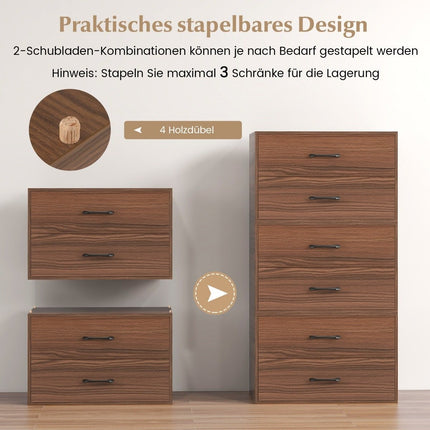 Chest of drawers with 2 drawers, stackable drawer cabinet, wooden sideboard, 60 x 34 x 38 cm, walnut