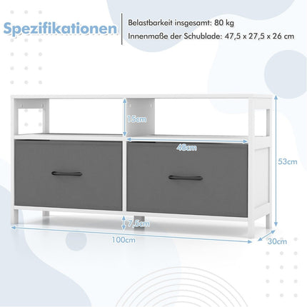 Chest of drawers with 2 drawers storage cabinet with open shelves 100 x 30 x 53 cm