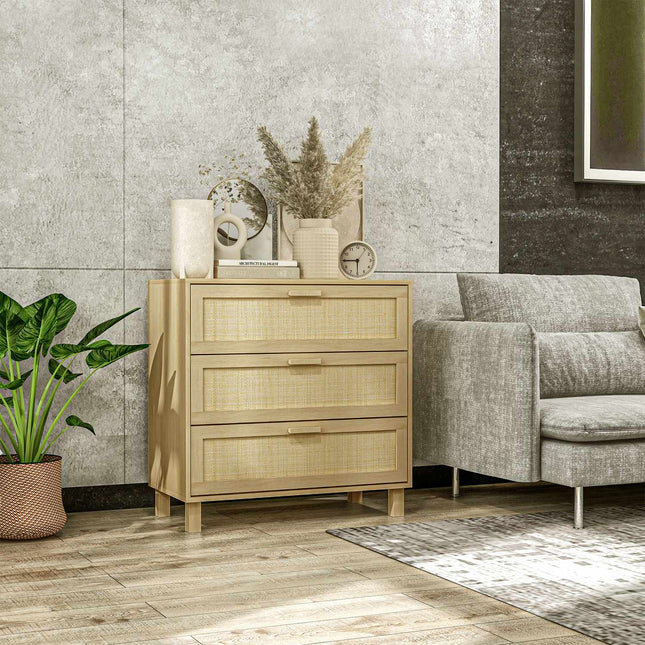 Chest of drawers in rattan look, 3 drawers, anti-tip, 80x40x80cm