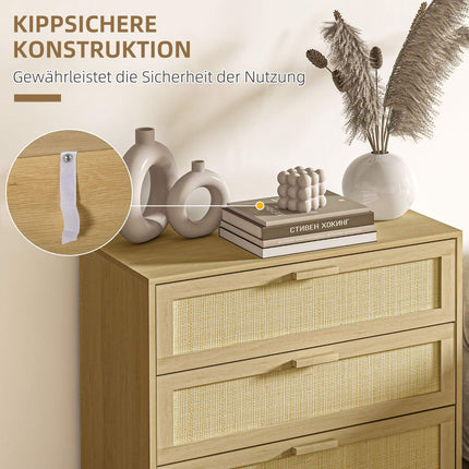 Chest of drawers in rattan look, 3 drawers, anti-tip, 80x40x80cm