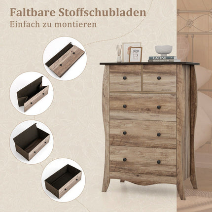 Chest of drawers with 5 folding fabric drawers, sideboard in country house style, drawer cabinet, brown
