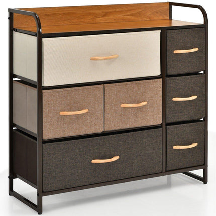 Chest of drawers with 7 fabric drawers & steel frame & wooden surface