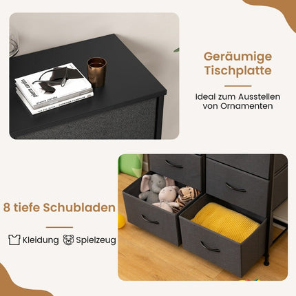 Chest of drawers with 8 drawers & metal frame & table top fabric chest of drawers 80 x 30 x 92 cm grey