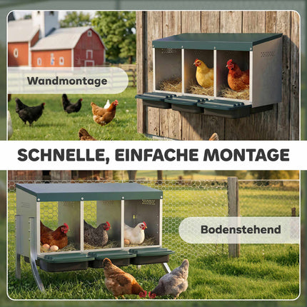 Chicken Nest Box with Ventilation, 3 Compartments, Metal