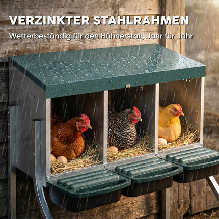 Chicken Nest Box with Ventilation, 3 Compartments, Metal