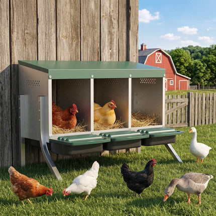 Chicken Nest Box with Ventilation, 3 Compartments, Metal