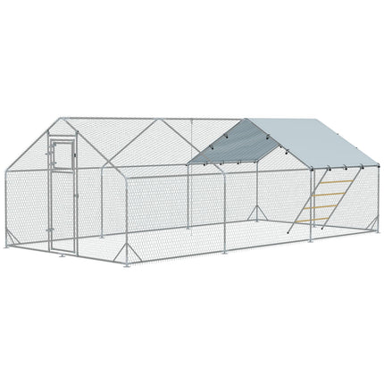 Kippenhok met vrije uitloop van staal, kippenhok 300 x 600 x 195 cm met UV-bestendig deksel, voederdeur, hangend voeren, zitstok, kippenhok voor 18-24 kippen, kleine dieren, zilver