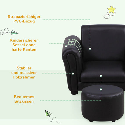 Black armchair for children with footstool - 3-7 years, 54x42x41cm