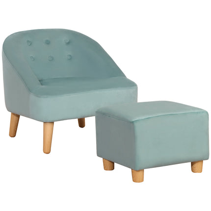Velvet armchair for children with footstool, green, 51cm