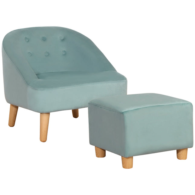 Velvet armchair for children with footstool, green, 51cm