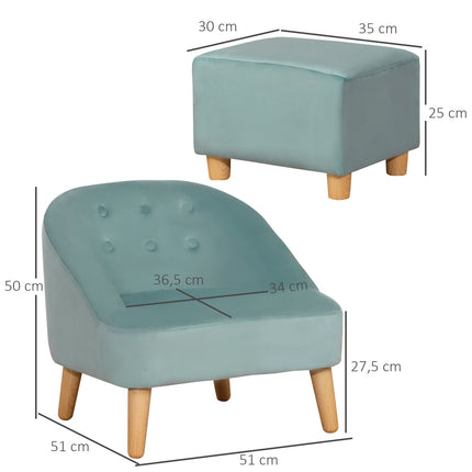 Velvet armchair for children with footstool, green, 51cm